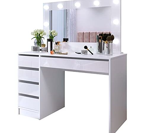 Schminktisch MADA Spiegel Tisch Schreibtisch mit Spiegel Glamour-Schubladen Weiβ Hochglanz Make Up