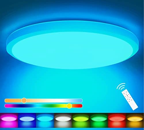 24W RGB LED Deckenleuchte Dimmbar mit Fernbedienung, 2400LM Farbwechsel Deckenleuchte mit 6 Lichtfarben, 3000K-6500K, IP44 Runde Deckenleuchte für Schlafzimmer Badezimmer Wohnzimmer Flur - Ø28cm