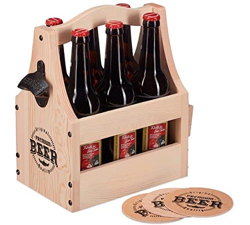 Relaxdays Bierträger aus Holz, mit Flaschenöffner & Bierdeckel, Flaschenträger 6 Flaschen, Männerhandtasche Bier, Natur