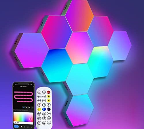 LED Panel Wandleuchte, RGBIC Gaming LED Wand Panel Funktioniert mit Alexa und Google Assistant, Smart Hexagon LED Sechseck Wandleuchte App und Fernbedienung, Musik-Sync, DIY Gaming Setup, 10 Panels