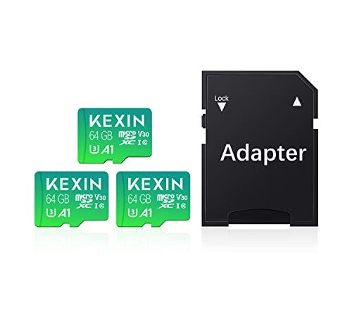 KEXIN 3 Stück Micro SD Karte 64GB + SD Adapter Micro SDXC Speicherkarte Micro SD Card C10, U3, A1, V30 SD Karten Memory Card TF Karte für Switch, Tablet, Camera, Drone, Handy, Home-Monitor Grün